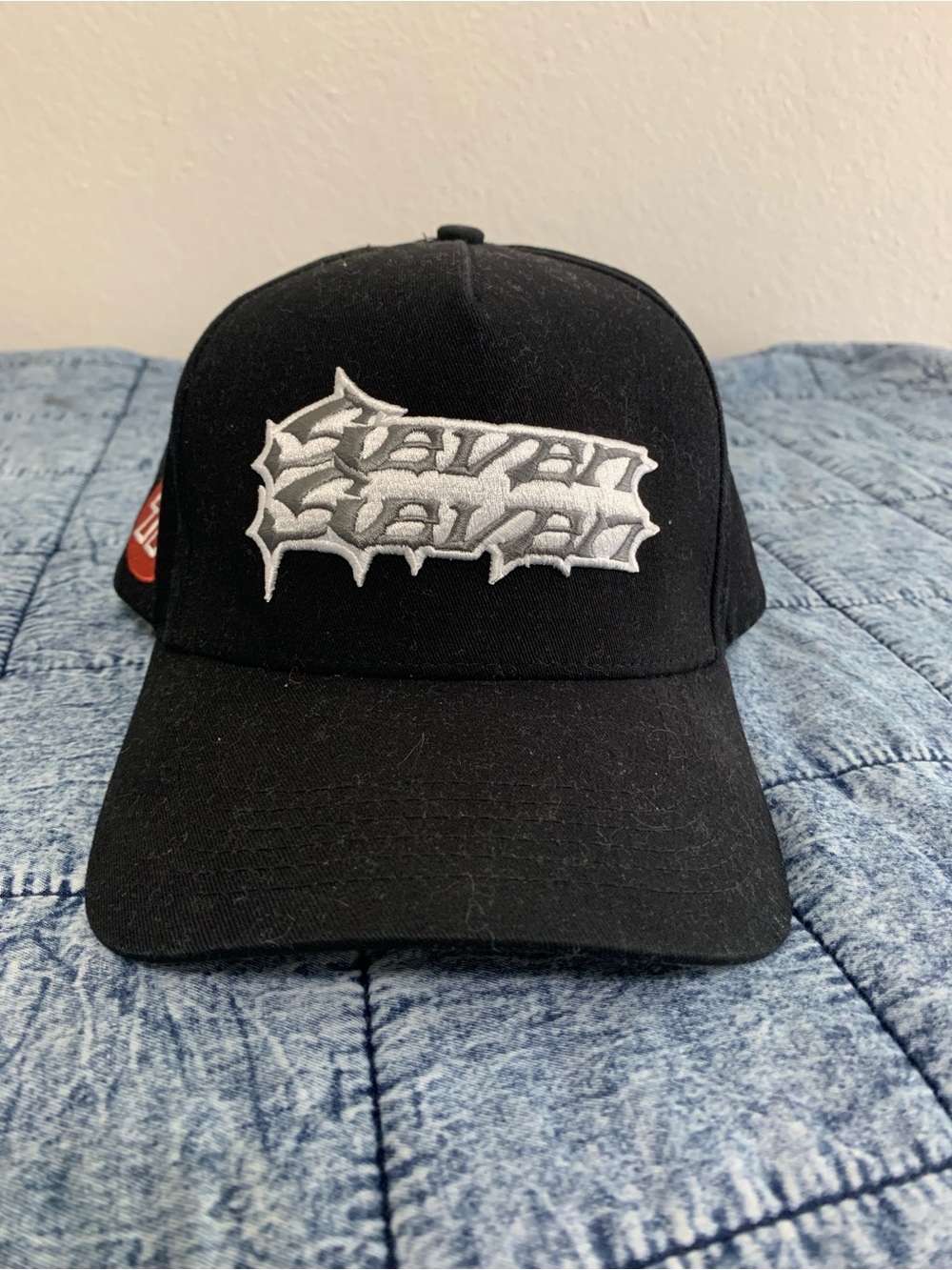 Black Snapback Hat with White Embroidered Graphic sick web design on back 77 hat